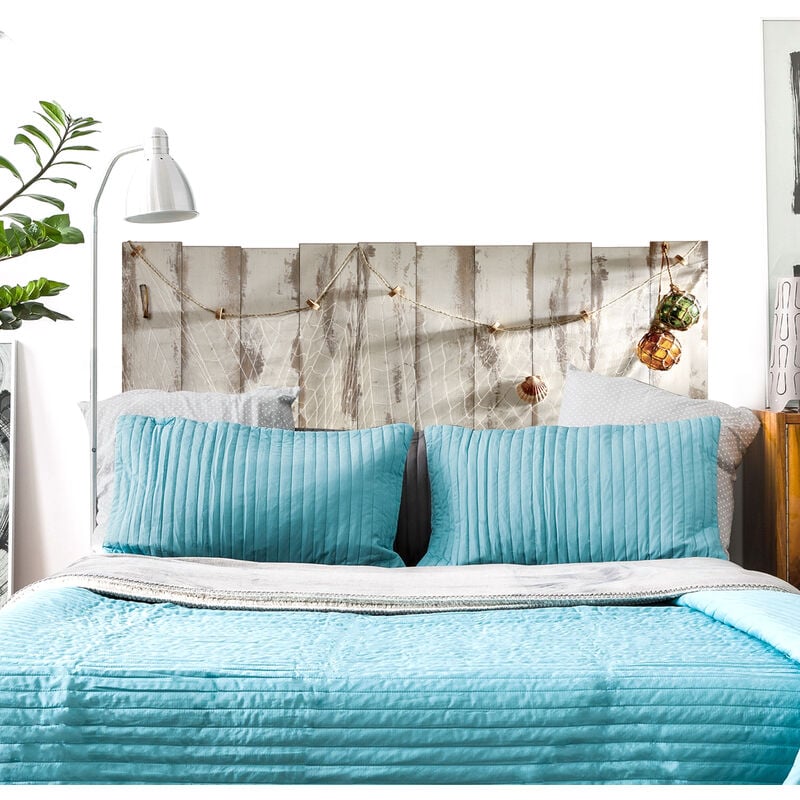 Sticker mural décoratif Filet de pêche du bord de mer, 83 cm x 160 cm, pour tête de lit, sur fond de planche avec peinture ancienne.