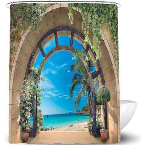 plage Vue Sur La Mer Rideau De Douche 150  200cm Tanche Salle De Bain Baignoire Anti-moisissure Tissu Polyester Salle De Bain Noir Rideau De Douc