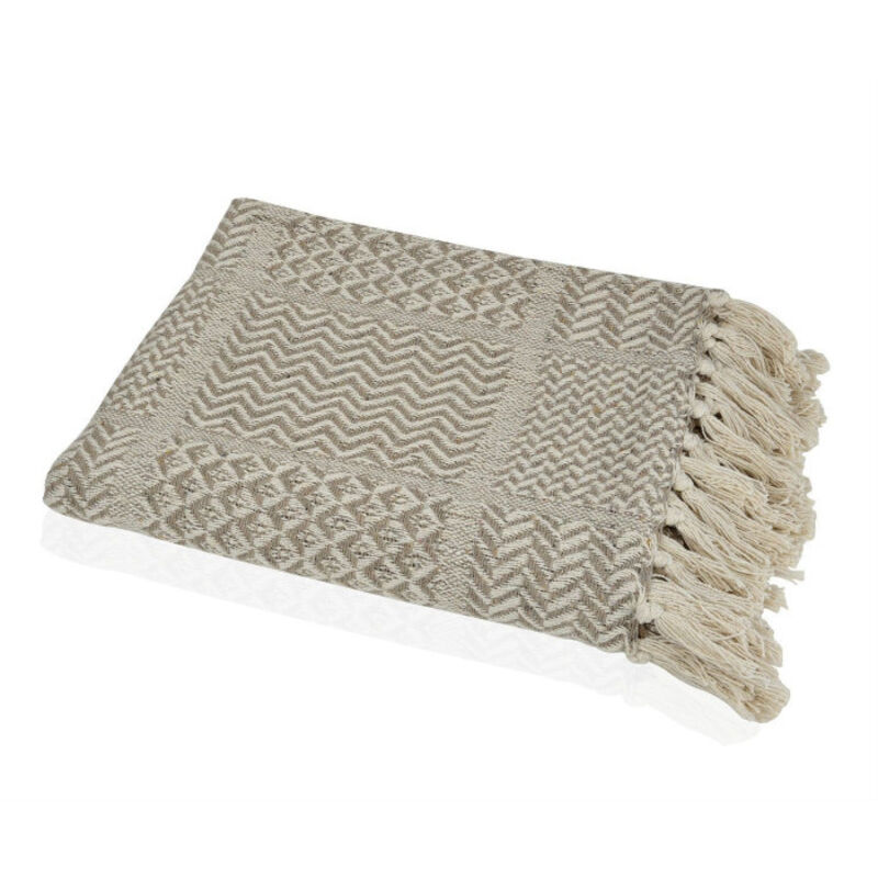 WADIGA Plaid 100% Coton Beige Clair et Beige Fonc&eacute; &agrave; Franges