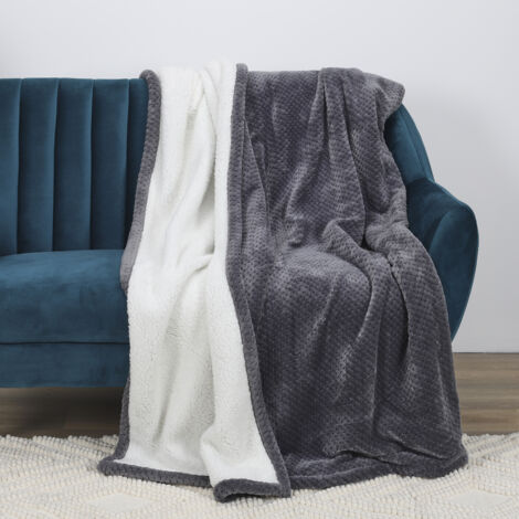 Plaid 180x220 cm en polyester côtelé gris foncé et blanc