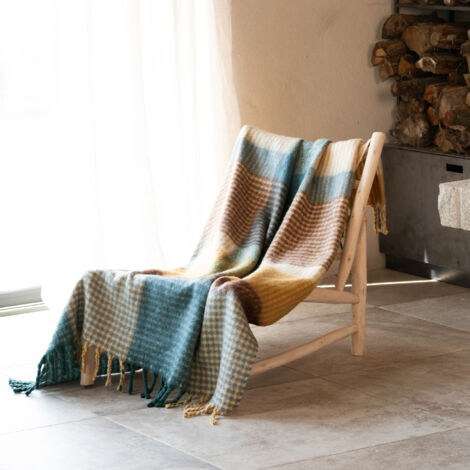 Plaid à carreaux aspect mohair doux Bleu Paon 130x180 cm