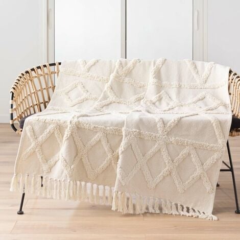 BRICOLINE Plaid a franges 125 x 150 cm coton/polyester tufte Athena Naturel