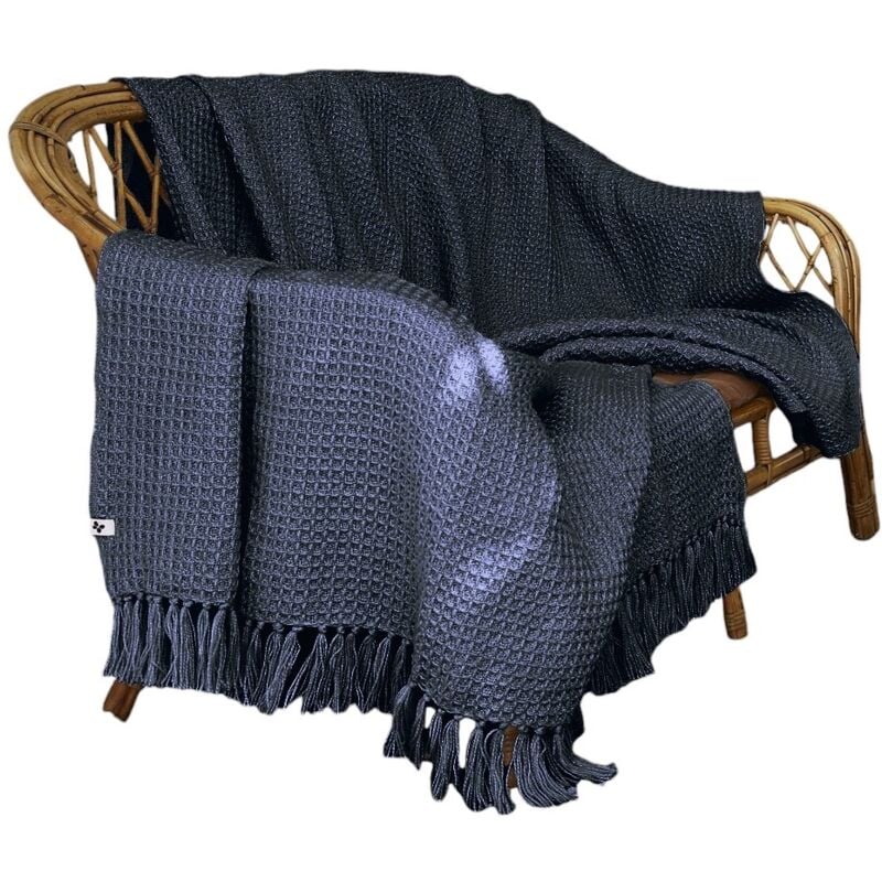 Plaid a franges 180 x 220 cm Gabin bleu marine