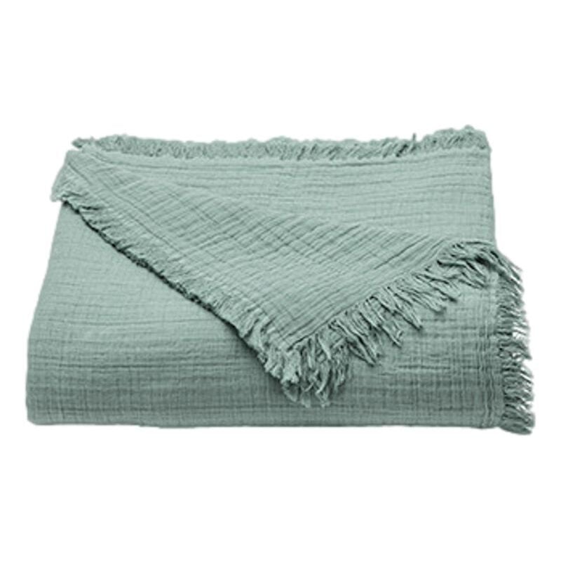 Plaid à franges 'Brehat' Gaze de Coton stonewashed Toison D'or Couleur: Brehat Lichen