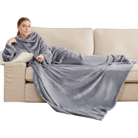 Plaid à Manche Femme - Plaid Couverture avec Manches Polaire Homme Adulte Couverture Manche avec Poches Portables, Plaid Canape Manche TV Hiver, 150x180 cm Gris,Plaid,Plaid et couverture