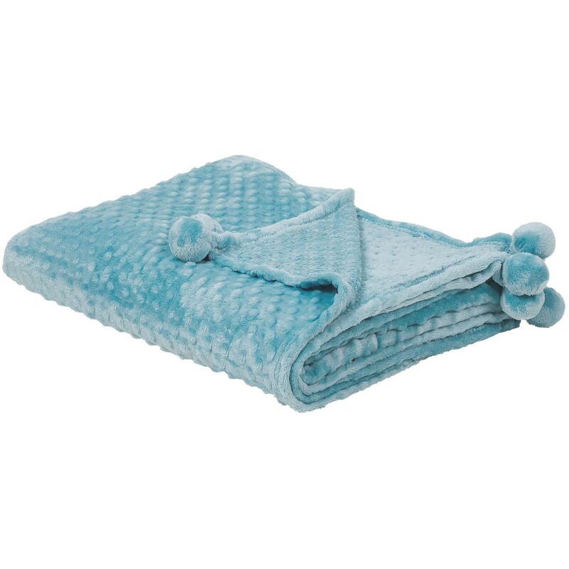 Plaid Couvre Lit Bleu Clair 200 x 220 cm avec Pompons Décoratifs Matière Ultra Douce au Toucher Idéal pour Intérieurs au Style Scandinave Beliani