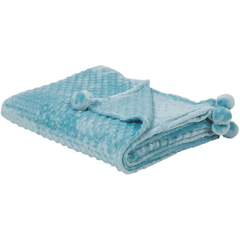 BELIANI Plaid Couvre Lit Bleu Clair 150 x 200 cm avec Pompons D&eacute;coratifs Mati&egrave;re Ultra Douce au Toucher Id&eacute;al pour Int&eacute;rieurs au Style Scandinave 