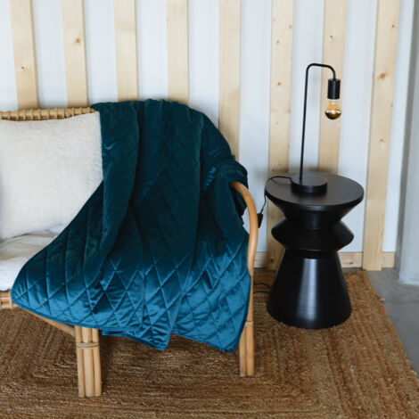 Plaid canapé en velours matelassé bleu paon 125x160 cm – 100% polyester – Doublure microfibre – Rembourrage ouate 150 g/m²
