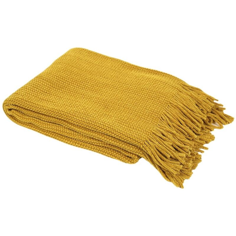 Plaid Chenille Frange Jaune Moutarde 120x150 - Home Deco Factory