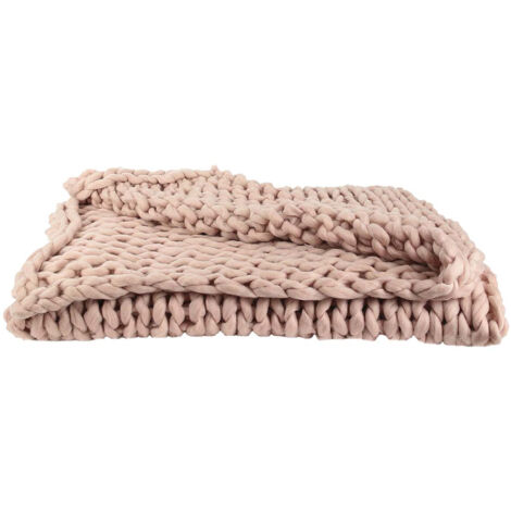 Plaid Chunky 120x150cm Grosse Maille Tressée Coloris Rose