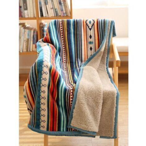 Plaid Couverture Polaire 130x150cm, Couverture en Flanelle Epaisse Douce et Confortable, Couvertures et Plaids Bleus Réversibles, Jeté de Canapé Sherpa Doux & Douillet Rayure
