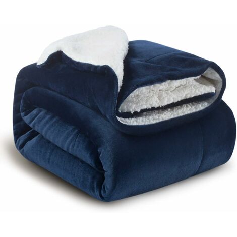 Plaid Couverture Polaire Sherpa Bleu Marine152x202cm - Couverture de Lit Réversible Double Face Douce et Chaude Plaid Jeté de Canapé Flanelle
