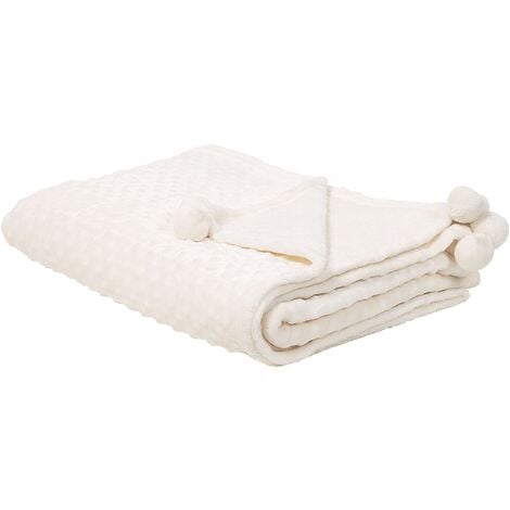 Plaid Couvre Lit Blanc Beige 200 x 220 cm avec Pompons Décoratifs Matière Ultra Douce au Toucher Idéal pour Intérieurs au Style Scandinave Beliani