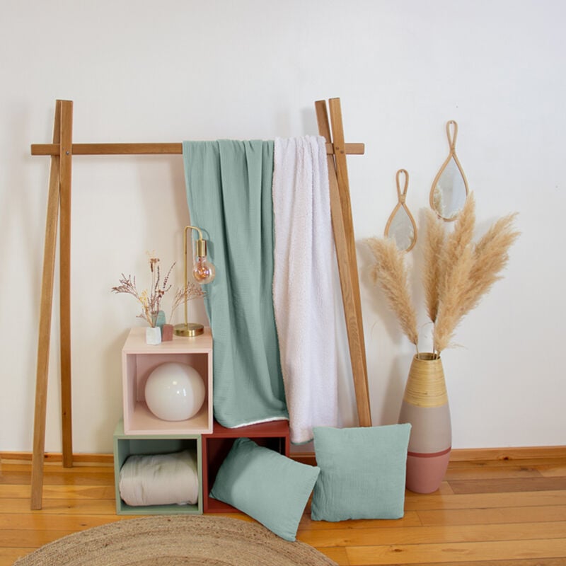 Linnea - Plaid double gaze de coton et polyester gaz & sherpa 130x170 cm