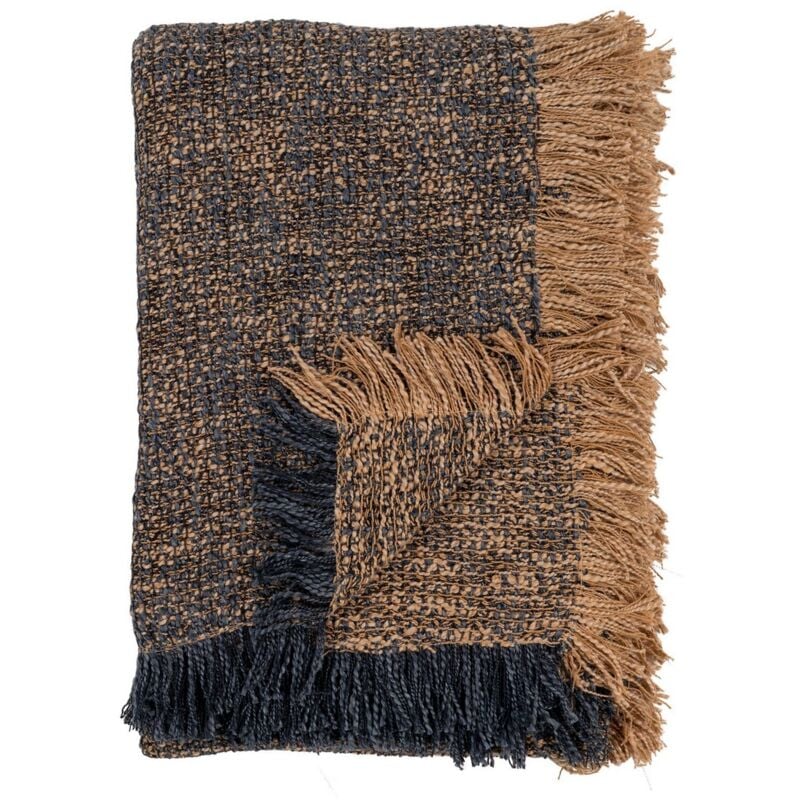 Plaid Ely, Polyester, Coton, Marron, Bleu, 170x130x0,5 cm