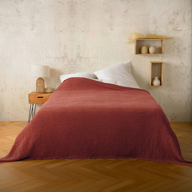 Plaid ou couvre lit 100% coton nid d’abeille Terracotta 240x260 cm