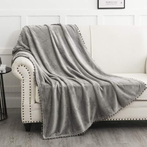 Plaid en flanelle - Couverture douce et chaude avec franges à pompons pour chaise de canapé-lit, 100x150 cm, (Gris)