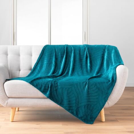 Plaid flanelle 125x150 cm - Relief feuillage - Bleu