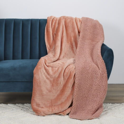 Plaid flanelle sherpa - 140 x 200 cm - Rose pêche - Livraison gratuite