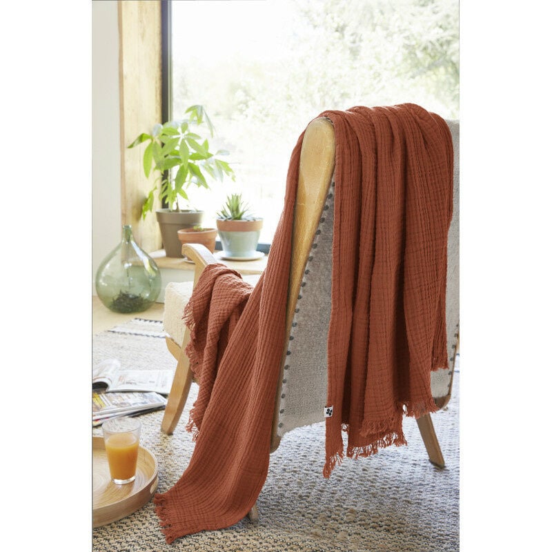 L'effet Papillon - Plaid à franges en gaze de coton 130 x 160 cm Gaia Terracotta