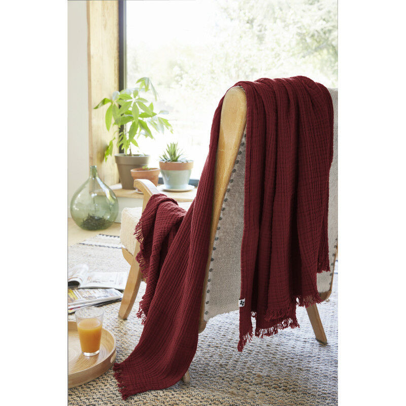 Plaid à franges en gaze de coton 180 x 220 cm Gaia Lie de vin