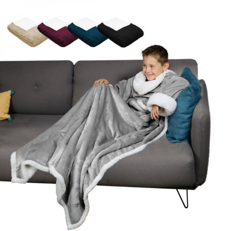 Plaid intégral avec manches et poche 120 x 160 cm – 100% polyester double face flanelle et sherpa – Pour enfants – Lavable en machine – Vivezen