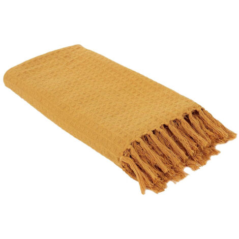 Plaid Jeté de Canapé Gaufré 130x160cm 100% Coton Ocre avec Franges