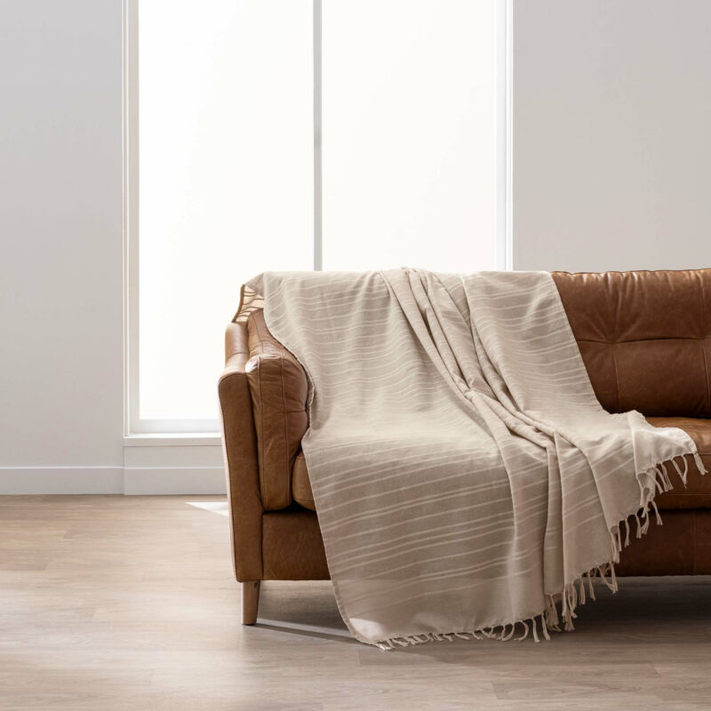 Plaid LILIA 240 x 260 cm – 100 % coton – Plaid à franges Beige