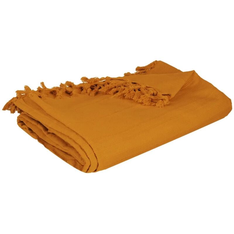 Plaid ou jete de canape coton 230 x 250 cm raye Ocre