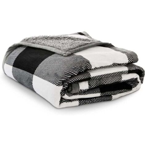 Plaid Polaire 130x150cm Couverture Laine Douce Confortable pour Hiver Super Chaude, Plaid Canape Motif Carreau Noir Blanc Style Classique, Plaid Flanelle Réversible Toujour à La Mode