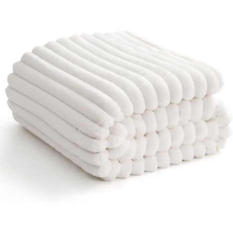 Plaid polaire 150×200 cm blanc, flanelle douce, jeté canapé grand 2 personnes
