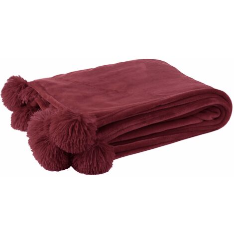 Plaid pompon polyester bordeaux - Rouge