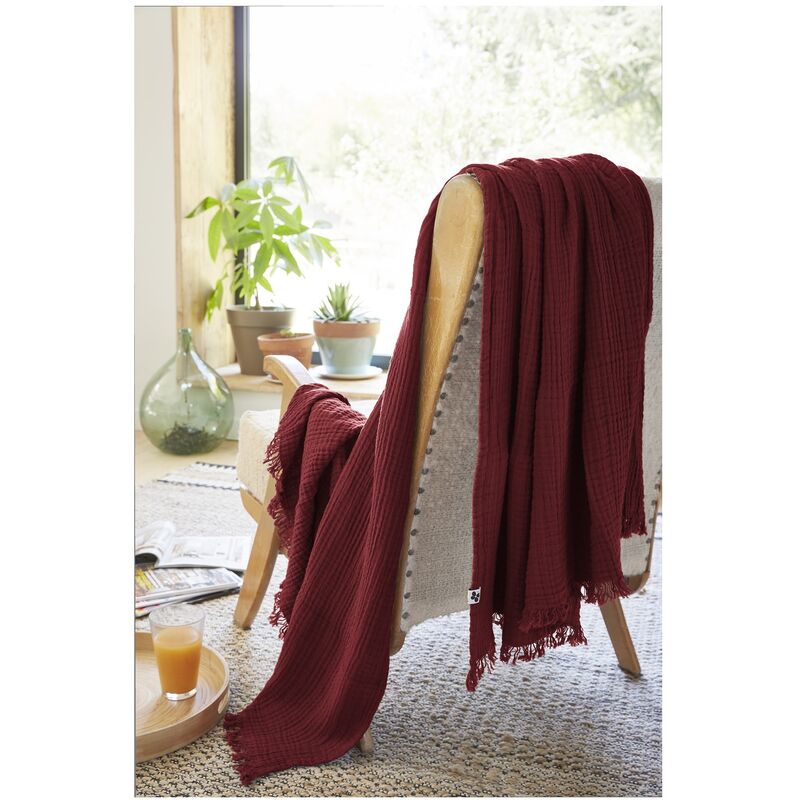L'effet Papillon - Plaid quadruple gaze de coton 180 x 220 cm Gaia lie de vin
