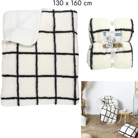 Plaid Sherpa Blanc Rayures Noir 130x160cm