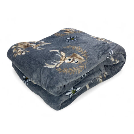 Plaid Sherpa cerf gris – Couverture polaire douce avec dos en peau d'agneau – Style tyrolien, imprimé cerf et edelweiss Cm. 130x160