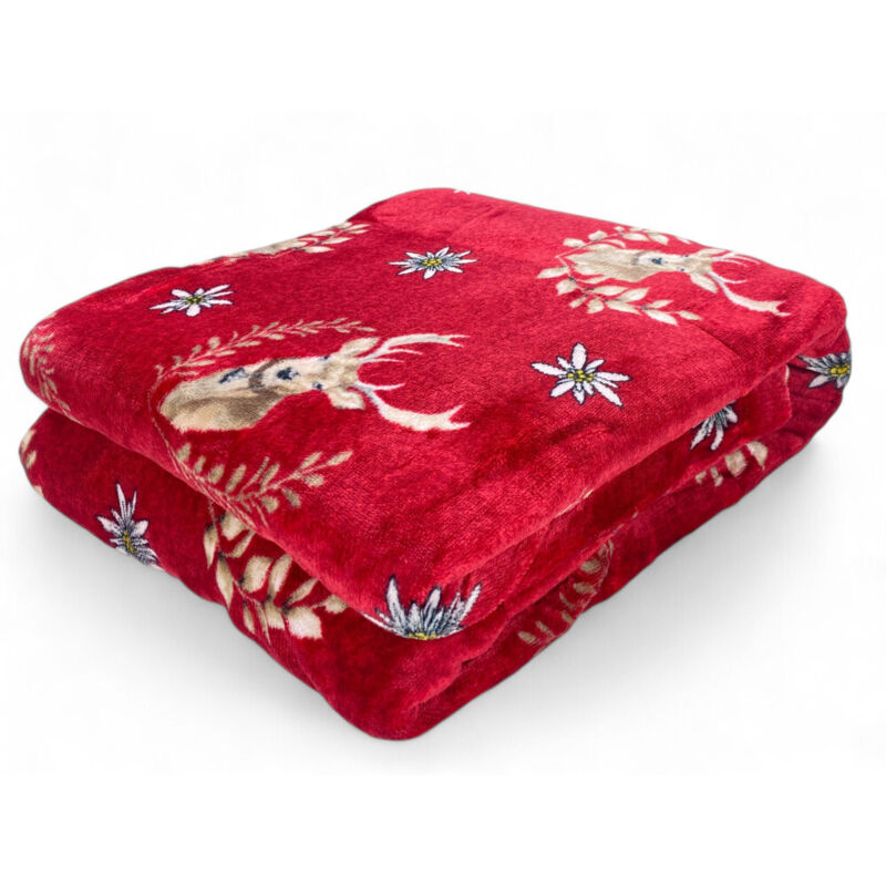 Plaid Sherpa cerf rouge – Couverture molletonnée en cuir d'agneau doux style tyrolien – Dos taupe, imprimé cerf et edelweiss Cm. 130x160