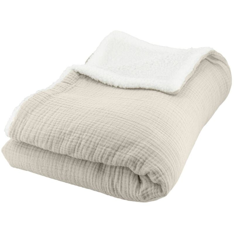 Sweeek - Plaid sherpa et gaze de coton 130 x 170 cm galet. alix. bi-matière