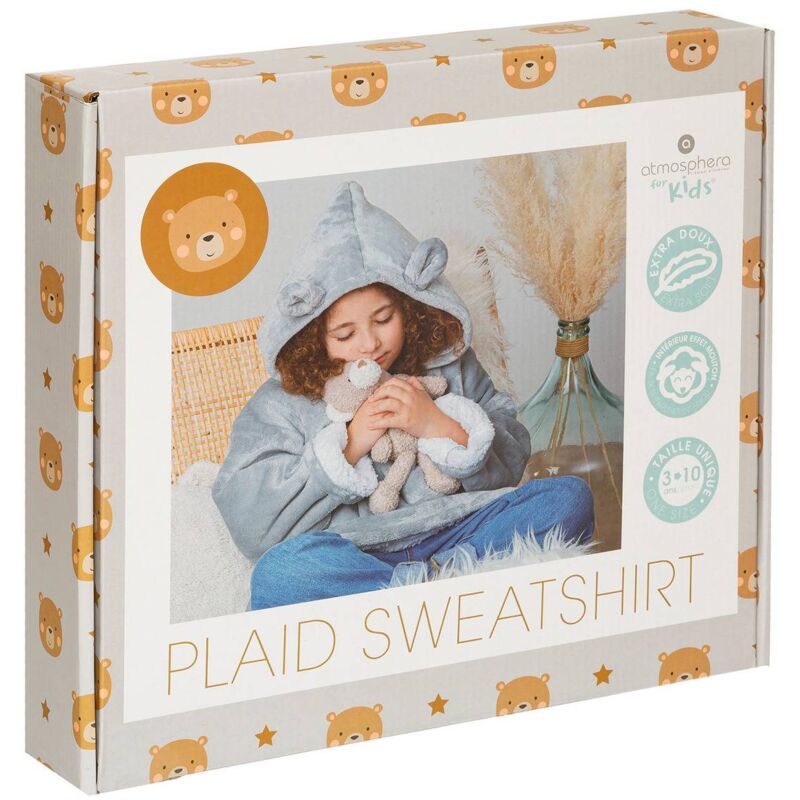 Plaid sweatshirt capuche Ours gris pour 3 à 10 ans Atmosphera créateur d'intérieur