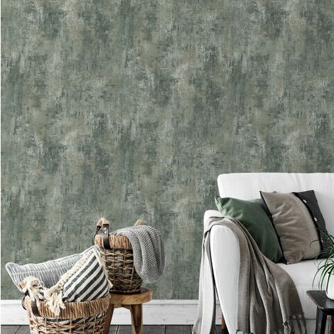 Plain Jade Green Distressed Stone Concrete Effect Cove Texture Wallpaper