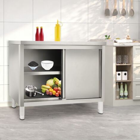 Plan de travail de cuisine avec rangements, plan de travail en acier inoxydable, avec portes coulissantes, 120 x 50 x 86 cm, adapté aux restaurants, garages et entrepôts