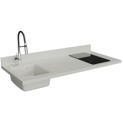 Plan de travail monobloc PlaniQuartz avec évier - 140 cm - Snova - évier à gauche - Plaque de cuisson Induction