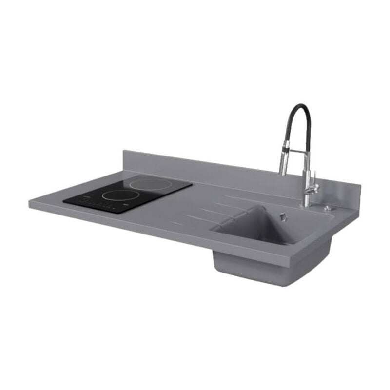 Plan de travail monobloc PlaniQuartz avec évier - 120 cm - Cromo - évier à droite - Plaque de cuisson Vitrocéramique