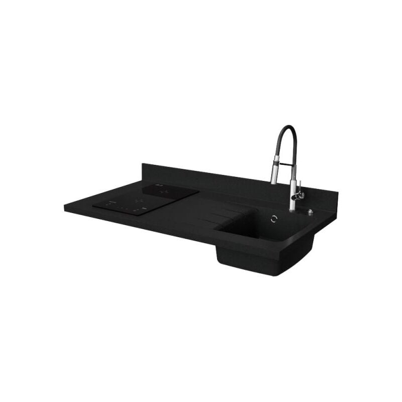 Plan de travail monobloc PlaniQuartz avec évier - 120 cm - Nero - évier à droite - Plaque de cuisson Induction