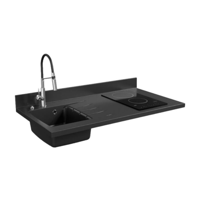 Plan de travail monobloc PlaniQuartz avec évier - 120 cm - Nero - évier à gauche - Plaque de cuisson Vitrocéramique