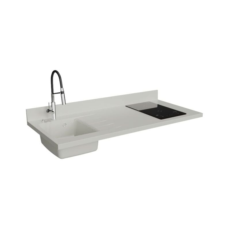 Plan de travail monobloc PlaniQuartz avec évier - 140 cm - Snova - évier à gauche - Plaque de cuisson Induction
