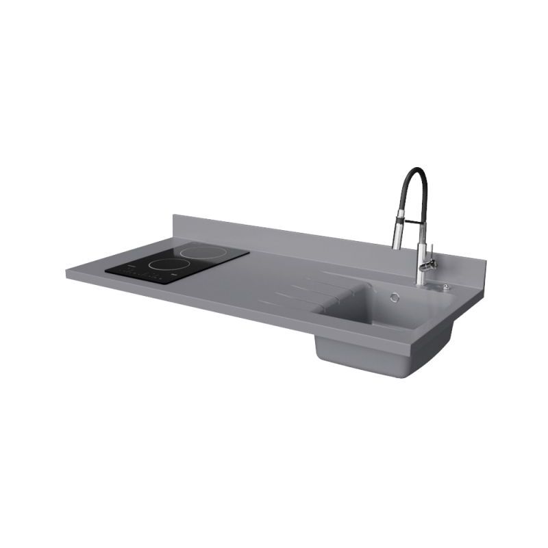 Plan de travail monobloc PlaniQuartz avec évier - 140 cm - Cromo - évier à droite - Plaque de cuisson Vitrocéramique