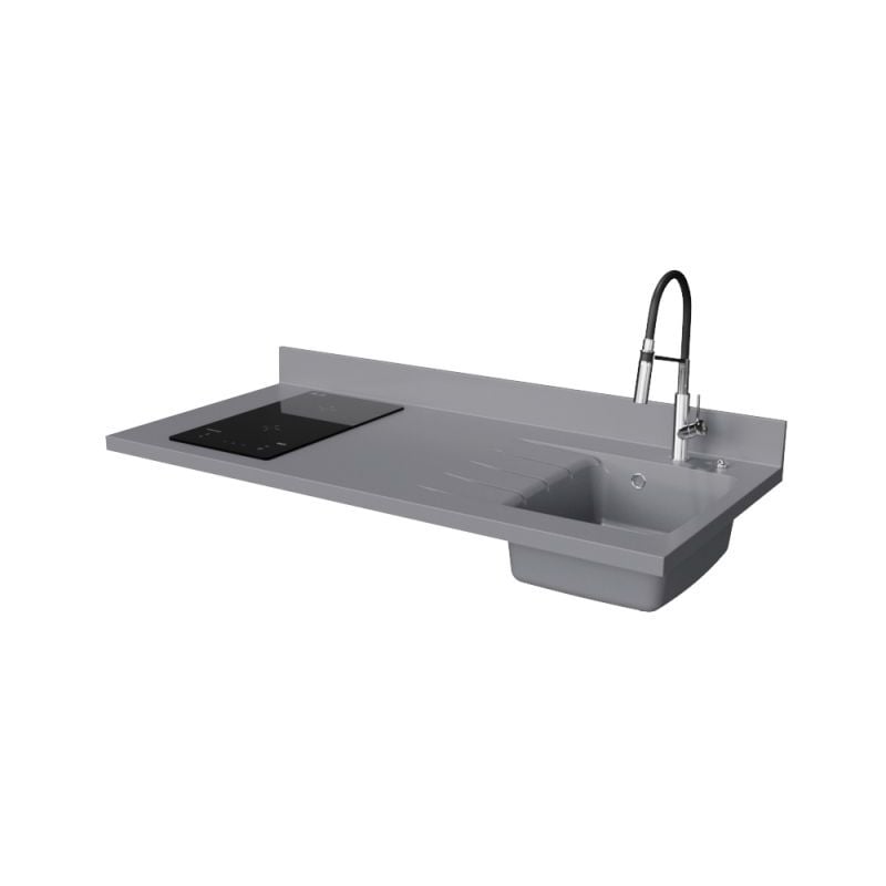 Plan de travail monobloc PlaniQuartz avec évier - 140 cm - Cromo - évier à droite - Plaque de cuisson Induction