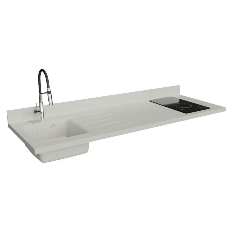 Plan de travail monobloc PlaniQuartz avec évier - 180 cm - Snova - évier à gauche - Plaque de cuisson Vitrocéramique