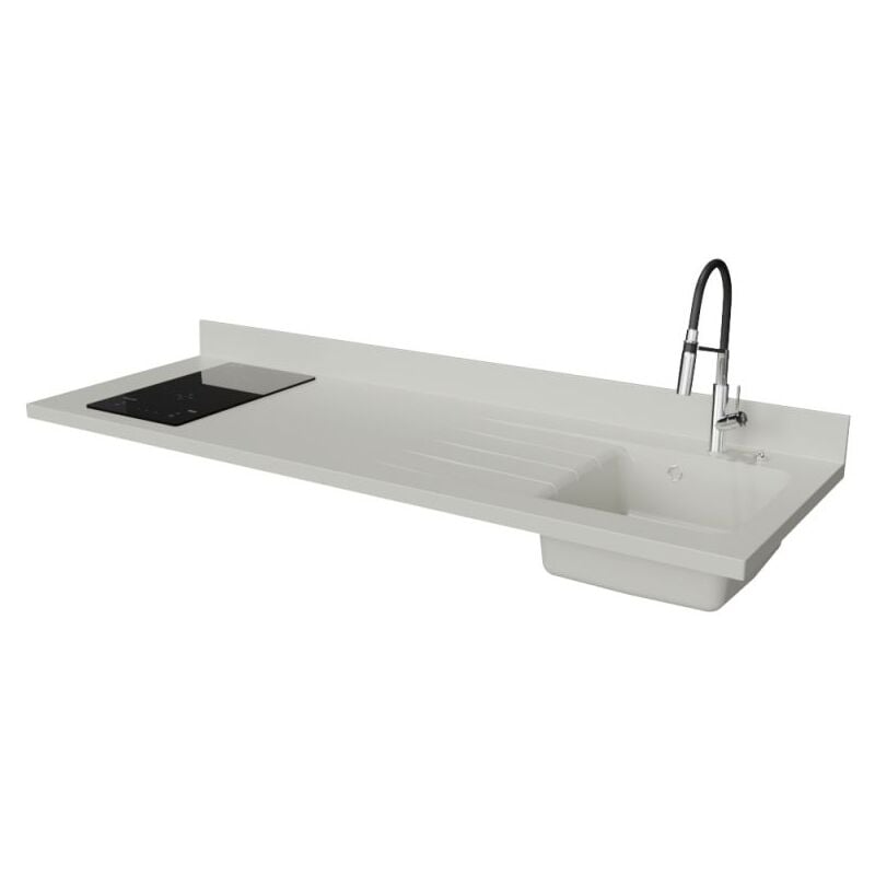 Plan de travail monobloc PlaniQuartz avec évier - 180 cm - Snova - évier à droite - Plaque de cuisson Induction