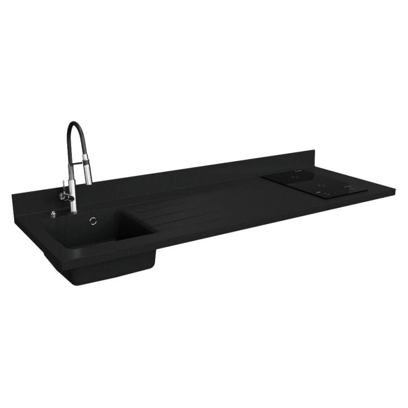 Plan de travail monobloc PlaniQuartz avec évier - 180 cm - Nero - évier à gauche - Plaque de cuisson Induction